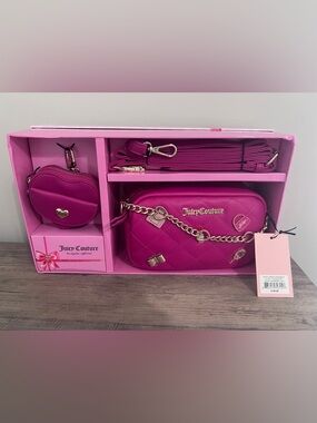 NEW Juicy Couture Puffy Quilted Camera Crossbody Bag Set Raspberry Tart